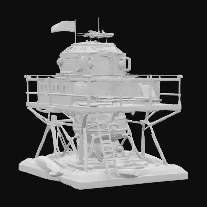 3D model for {
  "Object": "Silent Fang Roost – Arctic Cliffside Recon Encampment",
  "Material": "Carbon-reinforced scaffold, retractable nano-fabric tarps, wind-turbine generators",
  "Shape/Form": "Perched platform with modular tiers, sniper perch, and rope access ladders; semi-enclosed sleeping pods",
  "Color Scheme": "Storm-gray, deep green accents, red tactical markings",
  "Texture Details": "Tarp flapping textures, frostbitten metal, mesh netting, iced railings",
  "Style": "Survivalist guerrilla roost with sniper operations",
  "Environment/Use Context": "Built into sheer cliffs overlooking frozen valleys",
  "Reference Models": "Blends climbing camps, falcon roosts, and cold-weather military observation towers",
  "Polycount": "high-poly"
}, #AroundTheWorld#, 
