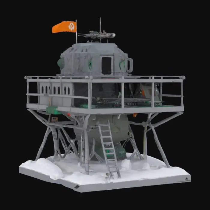3D model for {
  "Object": "Silent Fang Roost – Arctic Cliffside Recon Encampment",
  "Material": "Carbon-reinforced scaffold, retractable nano-fabric tarps, wind-turbine generators",
  "Shape/Form": "Perched platform with modular tiers, sniper perch, and rope access ladders; semi-enclosed sleeping pods",
  "Color Scheme": "Storm-gray, deep green accents, red tactical markings",
  "Texture Details": "Tarp flapping textures, frostbitten metal, mesh netting, iced railings",
  "Style": "Survivalist guerrilla roost with sniper operations",
  "Environment/Use Context": "Built into sheer cliffs overlooking frozen valleys",
  "Reference Models": "Blends climbing camps, falcon roosts, and cold-weather military observation towers",
  "Polycount": "high-poly"
}, #AroundTheWorld#, 
