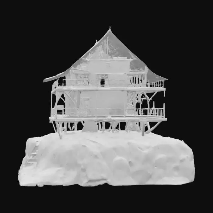 3D model for {
  "Object": "Silent Fang Roost – Arctic Cliffside Recon Encampment",
  "Material": "Carbon-reinforced scaffold, retractable nano-fabric tarps, wind-turbine generators",
  "Shape/Form": "Perched platform with modular tiers, sniper perch, and rope access ladders; semi-enclosed sleeping pods",
  "Color Scheme": "Storm-gray, deep green accents, red tactical markings",
  "Texture Details": "Tarp flapping textures, frostbitten metal, mesh netting, iced railings",
  "Style": "Survivalist guerrilla roost with sniper operations",
  "Environment/Use Context": "Built into sheer cliffs overlooking frozen valleys",
  "Reference Models": "Blends climbing camps, falcon roosts, and cold-weather military observation towers",
  "Polycount": "high-poly"
}, #AroundTheWorld#, 
