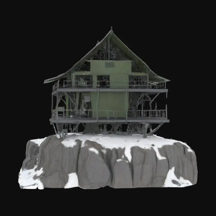 3D model for {
  "Object": "Silent Fang Roost – Arctic Cliffside Recon Encampment",
  "Material": "Carbon-reinforced scaffold, retractable nano-fabric tarps, wind-turbine generators",
  "Shape/Form": "Perched platform with modular tiers, sniper perch, and rope access ladders; semi-enclosed sleeping pods",
  "Color Scheme": "Storm-gray, deep green accents, red tactical markings",
  "Texture Details": "Tarp flapping textures, frostbitten metal, mesh netting, iced railings",
  "Style": "Survivalist guerrilla roost with sniper operations",
  "Environment/Use Context": "Built into sheer cliffs overlooking frozen valleys",
  "Reference Models": "Blends climbing camps, falcon roosts, and cold-weather military observation towers",
  "Polycount": "high-poly"
}, #AroundTheWorld#, 
