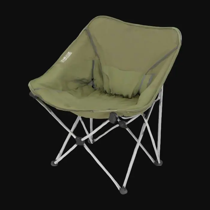 3D model for Object: A modular, foldable camping chair
Material: Lightweight aluminum frame with ballistic nylon fabric
Shape/Form: Geometric frame with angular legs and a compact, foldable seat
Color Scheme: Olive green with black accents
Texture Details: Matte finish on metal, rugged woven fabric with slight weathered effect
Style: Realistic with utilitarian, military-inspired design
Environment/Use Context: Placed next to a campfire in a dense forest setting
Reference Models: Inspired by tactical gear designs and military-grade camping equipment