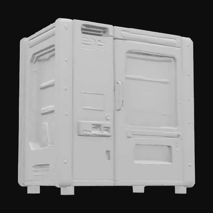 3D model for Object: A cyberpunk vending machine
Material: Steel casing with reinforced glass panels
Shape/Form: Rectangular with protruding compartments and a holographic display
Color Scheme: Dark gray base with neon purple and orange accents
Texture Details: Grimy metal surface with flickering LED screens and graffiti decals
Style: Realistic with gritty, dystopian cyberpunk aesthetics
Environment/Use Context: Positioned in a rain-soaked alleyway under a flickering streetlight
Reference Models: Inspired by the vending machines in Cyberpunk 2077 and Blade Runner