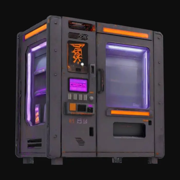 3D model for Object: A cyberpunk vending machine
Material: Steel casing with reinforced glass panels
Shape/Form: Rectangular with protruding compartments and a holographic display
Color Scheme: Dark gray base with neon purple and orange accents
Texture Details: Grimy metal surface with flickering LED screens and graffiti decals
Style: Realistic with gritty, dystopian cyberpunk aesthetics
Environment/Use Context: Positioned in a rain-soaked alleyway under a flickering streetlight
Reference Models: Inspired by the vending machines in Cyberpunk 2077 and Blade Runner