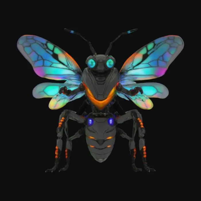 3D model for Object: Teenage Mutant Cyber Cicada – a bio-mechanical insectoid hacker with holographic wings.
Material: Translucent polymer wings with holographic patterns, matte carbon fiber exoskeleton, neon-lit circuitry.
Shape/Form: Slim, insect-like build with multiple jointed limbs, oversized eyes with HUD display, retractable data spikes.
Color Scheme: Glossy black exoskeleton with vibrant teal and pink neon accents, translucent wings with rainbow shimmer.
Texture Details: Smooth, segmented exoskeleton with subtle circuitry patterns, glossy wings with a holographic sheen, ridged limbs.
Style: Futuristic cyberpunk hacker with a sleek, insectoid aesthetic.

Reference Models: Inspired by Blade Runner, Tron, and futuristic insect design motifs.