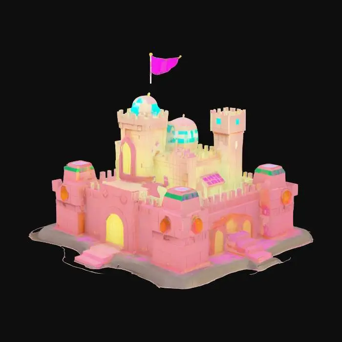 3D model for Data Sandcastle: A sandcastle constructed from voxel blocks that glow and change shape, resembling a digital fortress.
Style: Voxel, Pop Cyberpunk
Material: Textured voxel blocks, holographic surfaces, matte sand particles
Color Scheme: Sandy beige with neon accents (pink, blue, green)
Texture Details: Blocky, pixelated structure with soft, sandy edges and holographic overlays
Environment: Placed along a pixelated beach with a cyber sunset