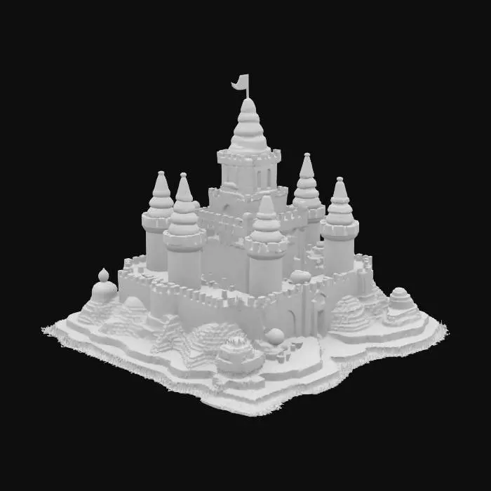 3D model for Data Sandcastle: A sandcastle constructed from voxel blocks that glow and change shape, resembling a digital fortress.
Style: Voxel, Pop Cyberpunk
Material: Textured voxel blocks, holographic surfaces, matte sand particles
Color Scheme: Sandy beige with neon accents (pink, blue, green)
Texture Details: Blocky, pixelated structure with soft, sandy edges and holographic overlays
Environment: Placed along a pixelated beach with a cyber sunset