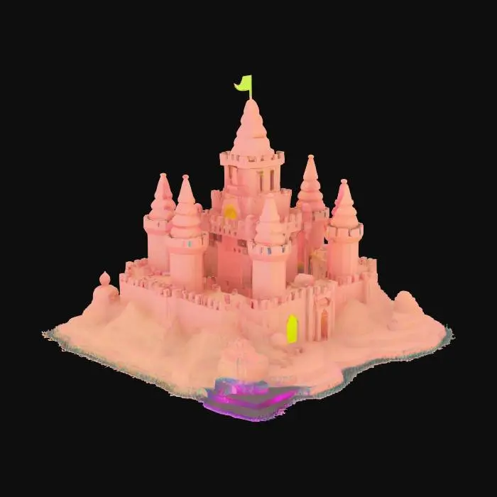 3D model for Data Sandcastle: A sandcastle constructed from voxel blocks that glow and change shape, resembling a digital fortress.
Style: Voxel, Pop Cyberpunk
Material: Textured voxel blocks, holographic surfaces, matte sand particles
Color Scheme: Sandy beige with neon accents (pink, blue, green)
Texture Details: Blocky, pixelated structure with soft, sandy edges and holographic overlays
Environment: Placed along a pixelated beach with a cyber sunset
