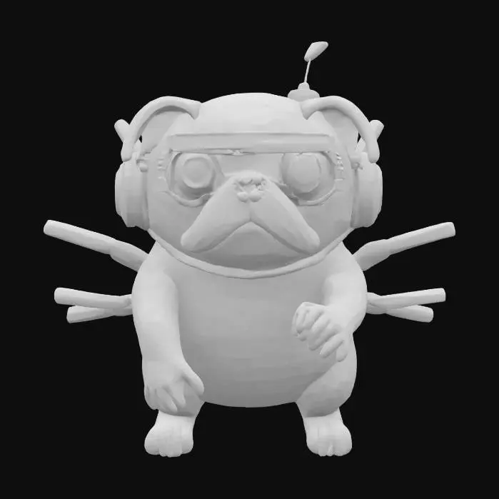 3D model for "object": "Glitch Pug", "material": "Soft synthetic fur, metallic cybernetic limbs, and LED display goggles",
  "shape form": "Small, chubby pug with oversized cybernetic limbs and a retractable antenna on its back, constantly glitching and sparking",
  "color scheme": "Matte gray fur with neon pink cyber-limbs and green LED eyes that change expressions",
  "texture_details": "Fluffy, slightly scruffy fur with dirt patches; polished metal limbs with small dents and scratches; LED eyes that flash comically with pixelated emojis",
  "style": "4K anime with a cartoony, exaggerated cyberpunk design",

  "reference models": [
    "Cyberpunk 2077's Delmain (Glitch Version)",
    "Borderlands' Claptrap",
    "Star Wars' BB-8"
  ]
}
