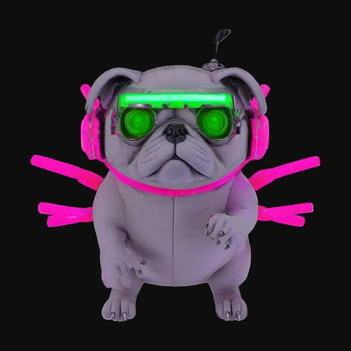 3D model for "object": "Glitch Pug", "material": "Soft synthetic fur, metallic cybernetic limbs, and LED display goggles",
  "shape form": "Small, chubby pug with oversized cybernetic limbs and a retractable antenna on its back, constantly glitching and sparking",
  "color scheme": "Matte gray fur with neon pink cyber-limbs and green LED eyes that change expressions",
  "texture_details": "Fluffy, slightly scruffy fur with dirt patches; polished metal limbs with small dents and scratches; LED eyes that flash comically with pixelated emojis",
  "style": "4K anime with a cartoony, exaggerated cyberpunk design",

  "reference models": [
    "Cyberpunk 2077's Delmain (Glitch Version)",
    "Borderlands' Claptrap",
    "Star Wars' BB-8"
  ]
}
