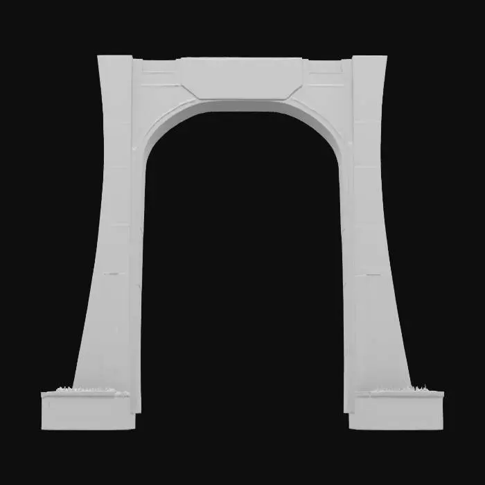 3D model for Subject: A commemorative memorial arch, honoring the One Year War casualties; Style: Monumental neoclassic-industrial fusion with Gundam-era motifs; Material: Polished white duralumin and reflective black obsidian inlays; Details: 40 m tall triple-span arch with central keystone carved in relief of RX-78 silhouette, flanked by bronze bas-relief panels depicting iconic battle scenes, engraved names of fallen soldiers in stylized Earth Federation font, integrated triumphal LED uplighting, laser-etched geoflux energy circuits, warm underlighting, carved solar motifs, basalt mosaic foundation, and ornamental pilasters with optic-fiber filament; Purpose: Monumental memorial landmark for diorama and game environments, evoking solemn reverence., #arch#