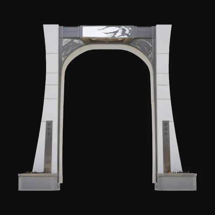 3D model for Subject: A commemorative memorial arch, honoring the One Year War casualties; Style: Monumental neoclassic-industrial fusion with Gundam-era motifs; Material: Polished white duralumin and reflective black obsidian inlays; Details: 40 m tall triple-span arch with central keystone carved in relief of RX-78 silhouette, flanked by bronze bas-relief panels depicting iconic battle scenes, engraved names of fallen soldiers in stylized Earth Federation font, integrated triumphal LED uplighting, laser-etched geoflux energy circuits, warm underlighting, carved solar motifs, basalt mosaic foundation, and ornamental pilasters with optic-fiber filament; Purpose: Monumental memorial landmark for diorama and game environments, evoking solemn reverence., #arch#