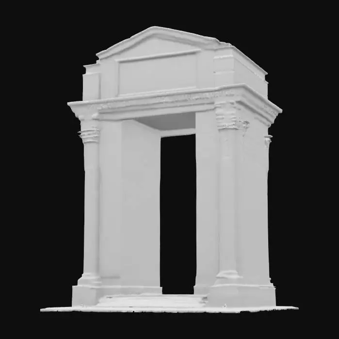 3D model for Subject: A commemorative memorial arch, honoring the One Year War casualties; Style: Monumental neoclassic-industrial fusion with Gundam-era motifs; Material: Polished white duralumin and reflective black obsidian inlays; Details: 40 m tall triple-span arch with central keystone carved in relief of RX-78 silhouette, flanked by bronze bas-relief panels depicting iconic battle scenes, engraved names of fallen soldiers in stylized Earth Federation font, integrated triumphal LED uplighting, laser-etched geoflux energy circuits, warm underlighting, carved solar motifs, basalt mosaic foundation, and ornamental pilasters with optic-fiber filament; Purpose: Monumental memorial landmark for diorama and game environments, evoking solemn reverence., #arch#