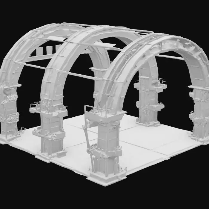 3D model for Universal Century–style maintenance archway for an 18 m Gundam clearance; Style: Industrial sci-fi mecha architecture echoing the Earth Federation hangar facilities; Material: Titanium-alloy girders with steel panels and ceramic plating; Details: Semi-circular arch, 30 m span, 5 m depth, 45° beveled inner edge, honeycomb panels, two 20 m cylindrical pillars with X braces, retractable maintenance platforms on telescopic rails, monorail crane track with gantry arm, LED channel lights, exposed hydraulic piping, chipped paint, rust and oil streaks, access hatches at pillar bases, block-matrix signage above the arch, external conduit runs, oil stains under chipped paint, metallic maps for rivets and seams; Purpose: High-detail Gundam hangar environment asset optimized for PBR rendering, #arch#