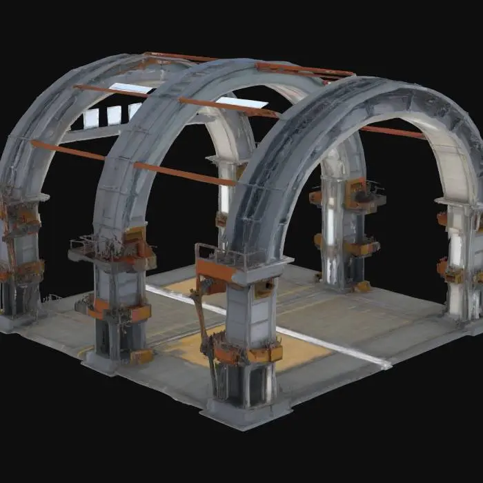 3D model for Universal Century–style maintenance archway for an 18 m Gundam clearance; Style: Industrial sci-fi mecha architecture echoing the Earth Federation hangar facilities; Material: Titanium-alloy girders with steel panels and ceramic plating; Details: Semi-circular arch, 30 m span, 5 m depth, 45° beveled inner edge, honeycomb panels, two 20 m cylindrical pillars with X braces, retractable maintenance platforms on telescopic rails, monorail crane track with gantry arm, LED channel lights, exposed hydraulic piping, chipped paint, rust and oil streaks, access hatches at pillar bases, block-matrix signage above the arch, external conduit runs, oil stains under chipped paint, metallic maps for rivets and seams; Purpose: High-detail Gundam hangar environment asset optimized for PBR rendering, #arch#