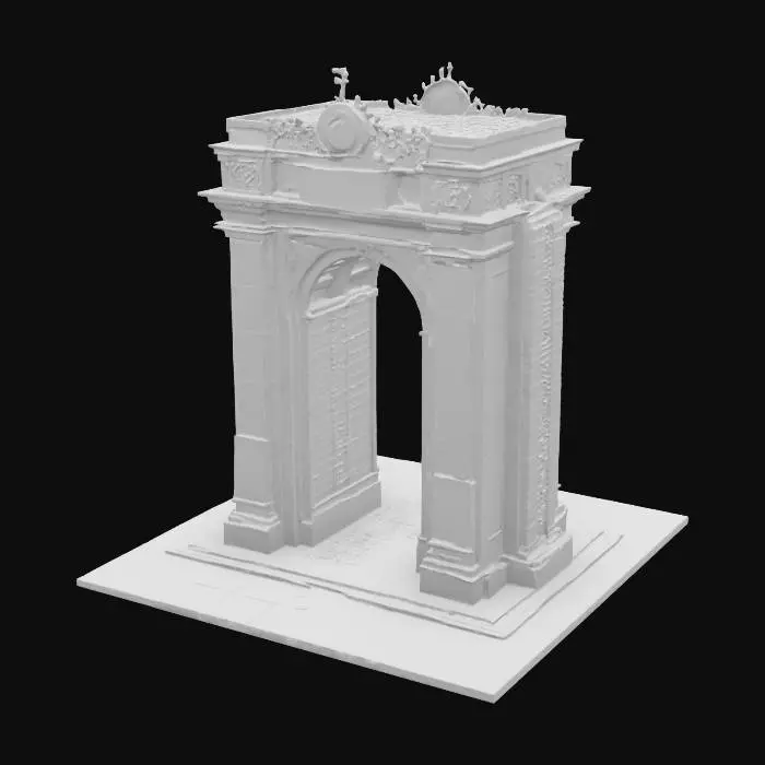 3D model for Subject: A commemorative memorial arch, honoring the One Year War casualties; Style: Monumental neoclassic-industrial fusion with Gundam-era motifs; Material: Polished white duralumin and reflective black obsidian inlays; Details: 40 m tall triple-span arch with central keystone carved in relief of RX-78 silhouette, flanked by bronze bas-relief panels depicting iconic battle scenes, engraved names of fallen soldiers in stylized Earth Federation font, integrated triumphal LED uplighting, laser-etched geoflux energy circuits, warm underlighting, carved solar motifs, basalt mosaic foundation, and ornamental pilasters with optic-fiber filament; Purpose: Monumental memorial landmark for diorama and game environments, evoking solemn reverence., #arch#