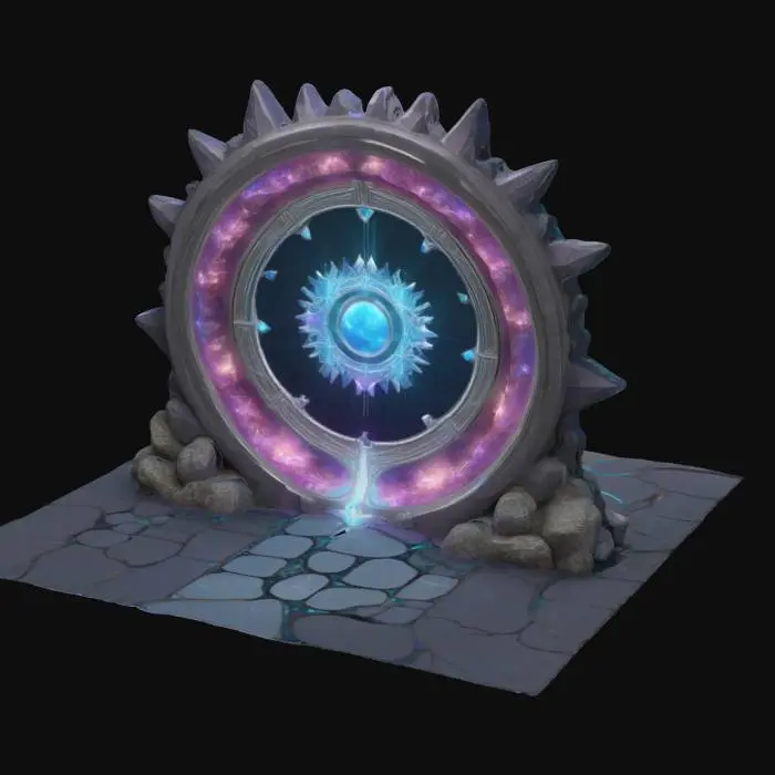 3D model for Portal Archway linking two worlds with dimensional transference gateway
Style: Ethereal cosmic-fantasy-meets-sleek sci-fi design with art nouveau curves and angular tech accents
Material: Crystal-infused obsidian framework, luminescent mythril conduits, holographic Aetheric panels
Details: Twin concentric arch rings (span 50 m) with shifting fractal patterns, central floating keystone orb, bioluminescent filament veins, engraved arcane glyph circuits, micro-thruster stabilizers, suspended anti-gravity pylons, reflective mirror plating, subtle particle mist emitters and dynamic color-shifting luminescence ribbons, nano-sculpted runic filigree along edges
Purpose: Iconic world-bridge landmark optimized for PBR visualization in game cinematics and VR explorations and gallery showcase, #arch#