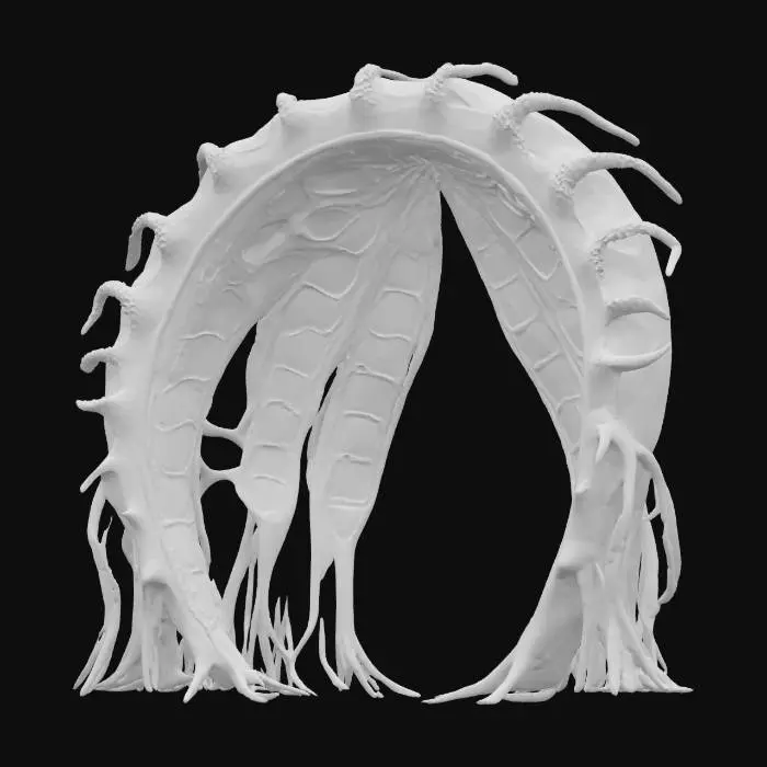 3D model for Object: Colossal bio-architectural archway organism
Material: Bioengineered chitin exoskeleton, mycelium-reinforced cores, photosynthetic glass membranes, vascular hydrogel veins
Shape/Form: 300-meter parabolic span with branching root-like pylons, ribbed vertebrae segments, dorsal respiration vents, tail-cantilever shading pods
Color Scheme: Jade-to-copper gradient outer skin, cyan bioluminescent vein network, sunset-amber membrane highlights
Texture Details: Semi-translucent living surface, subtle gloss, visible pulsing vascular channels, fibrous underside plates
Style: Biopunk realistic, high-poly organic megastructure
Reference Models: Gaudí-inspired flowing masonry, Avatar-style mega-flora, Grimshaw Eden Project biomes, #arch#