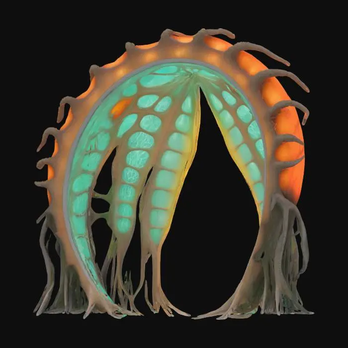 3D model for Object: Colossal bio-architectural archway organism
Material: Bioengineered chitin exoskeleton, mycelium-reinforced cores, photosynthetic glass membranes, vascular hydrogel veins
Shape/Form: 300-meter parabolic span with branching root-like pylons, ribbed vertebrae segments, dorsal respiration vents, tail-cantilever shading pods
Color Scheme: Jade-to-copper gradient outer skin, cyan bioluminescent vein network, sunset-amber membrane highlights
Texture Details: Semi-translucent living surface, subtle gloss, visible pulsing vascular channels, fibrous underside plates
Style: Biopunk realistic, high-poly organic megastructure
Reference Models: Gaudí-inspired flowing masonry, Avatar-style mega-flora, Grimshaw Eden Project biomes, #arch#