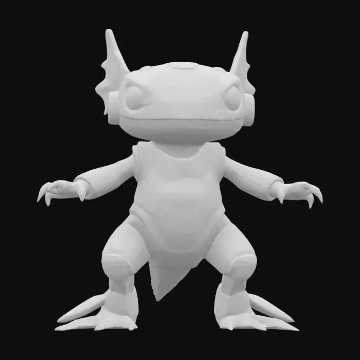 3D model for {
  "object": "SynthAxolotl – a charismatic, bipedal axolotl mascot, equal parts cute pet and futuristic tech-guru.",
  "material": "Semi-translucent biopolymer skin laced with RGB nano-fiber lighting; liquid-crystal eyes and HUD visor; carbon-fiber sub-skeleton with polished chrome joint caps; soft silicone gill-fins edged in micro-LED strands.",
  "shape_form": "Slightly chibi, big-headed axolotl silhouette (~1 m tall in-world) with slender limbs and a paddle tail for expressive poses; fan-shaped external gills that flutter like neon feathers;
  "reference_models": "Anatomical cues from Pixar’s axolotl concepts in Luca; textural polish reminiscent of PlayStation’s Astro Bot; neon palette & circuitry lines inspired by Tron: Legacy light-suits."
}
