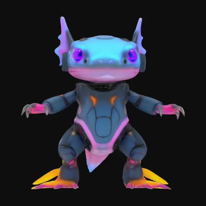 3D model for {
  "object": "SynthAxolotl – a charismatic, bipedal axolotl mascot, equal parts cute pet and futuristic tech-guru.",
  "material": "Semi-translucent biopolymer skin laced with RGB nano-fiber lighting; liquid-crystal eyes and HUD visor; carbon-fiber sub-skeleton with polished chrome joint caps; soft silicone gill-fins edged in micro-LED strands.",
  "shape_form": "Slightly chibi, big-headed axolotl silhouette (~1 m tall in-world) with slender limbs and a paddle tail for expressive poses; fan-shaped external gills that flutter like neon feathers;
  "reference_models": "Anatomical cues from Pixar’s axolotl concepts in Luca; textural polish reminiscent of PlayStation’s Astro Bot; neon palette & circuitry lines inspired by Tron: Legacy light-suits."
}
