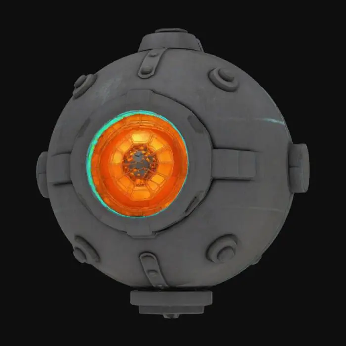 3D model for {
  "Object": "Trojan Sea Mine",
  "Material": "Aged, corroded steel orb overlaid with glowing data-node lattice and reinforced by glitch-forged alloy ribs",
  "Shape/Form": "Classic spherical mine silhouette, but with hexagonal mesh nodes replacing spikes and integrated data ports",
  "Color Scheme": "Matte gunmetal grey base, with pulsating neon orange core pulses and electric cyan network seams",
  "Texture Details": "PBR corroded steel pitting, raised binary-engraved ridges, emissive data-port apertures with scanline glitch overlays",
  "Style": "Realistic PBR fused with industrial-cyberpunk menace",
  "Reference Models": [
    "WWII naval mine silhouettes",
    "Hex-grid network schematics",
    "Cyberpunk industrial hardware"
  ]
}, #ocean#, 
