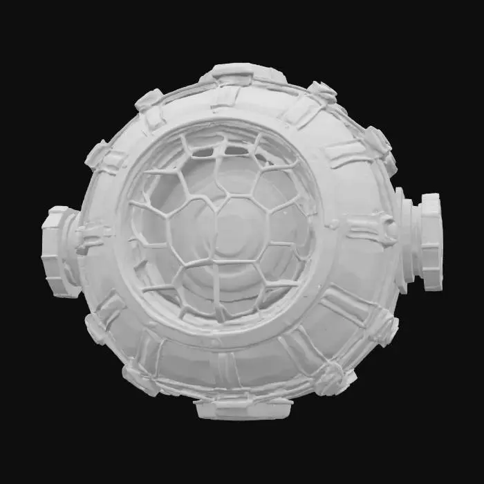 3D model for {
  "Object": "Trojan Sea Mine",
  "Material": "Aged, corroded steel orb overlaid with glowing data-node lattice and reinforced by glitch-forged alloy ribs",
  "Shape/Form": "Classic spherical mine silhouette, but with hexagonal mesh nodes replacing spikes and integrated data ports",
  "Color Scheme": "Matte gunmetal grey base, with pulsating neon orange core pulses and electric cyan network seams",
  "Texture Details": "PBR corroded steel pitting, raised binary-engraved ridges, emissive data-port apertures with scanline glitch overlays",
  "Style": "Realistic PBR fused with industrial-cyberpunk menace",
  "Reference Models": [
    "WWII naval mine silhouettes",
    "Hex-grid network schematics",
    "Cyberpunk industrial hardware"
  ]
}, #ocean#, 
