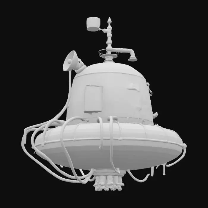 3D model for "Object": "Backdoor Signal Buoy",
"Material": "Weathered composite shell embedded with LED arrays and fiber-optic data strands",
"Shape/Form": "Floating cylindrical buoy topped with a dish antenna and trailing twisted cable tendrils",
"Color Scheme": "Sea-foam green base with flickering magenta signal bands and matte black accents",
 "Texture Details": "Salt-crusted PBR surface, chipped paint revealing layered circuit traces, dynamic emissive LED maps", "Style": "Stylized Realistic PBR with subtle cyber-decay effects", "Environment/Use Context": "Moored above a vibrant coral reef, periodically broadcasting hidden backdoor beacons to passing vessels", "Reference Models": [
"Standard marine navigational buoy",
    "Satellite communication dish",
    "Digital glitch overlays", #ocean#, 
