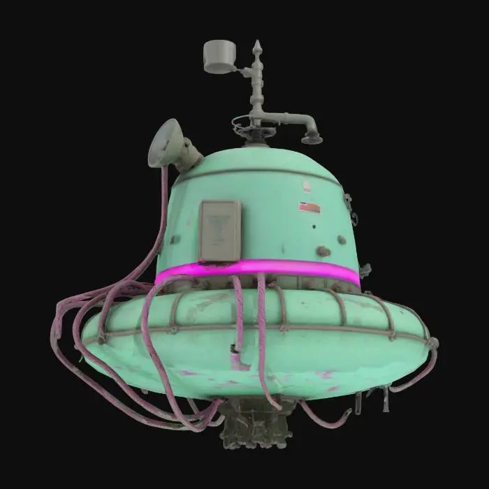 3D model for "Object": "Backdoor Signal Buoy",
"Material": "Weathered composite shell embedded with LED arrays and fiber-optic data strands",
"Shape/Form": "Floating cylindrical buoy topped with a dish antenna and trailing twisted cable tendrils",
"Color Scheme": "Sea-foam green base with flickering magenta signal bands and matte black accents",
 "Texture Details": "Salt-crusted PBR surface, chipped paint revealing layered circuit traces, dynamic emissive LED maps", "Style": "Stylized Realistic PBR with subtle cyber-decay effects", "Environment/Use Context": "Moored above a vibrant coral reef, periodically broadcasting hidden backdoor beacons to passing vessels", "Reference Models": [
"Standard marine navigational buoy",
    "Satellite communication dish",
    "Digital glitch overlays", #ocean#, 
