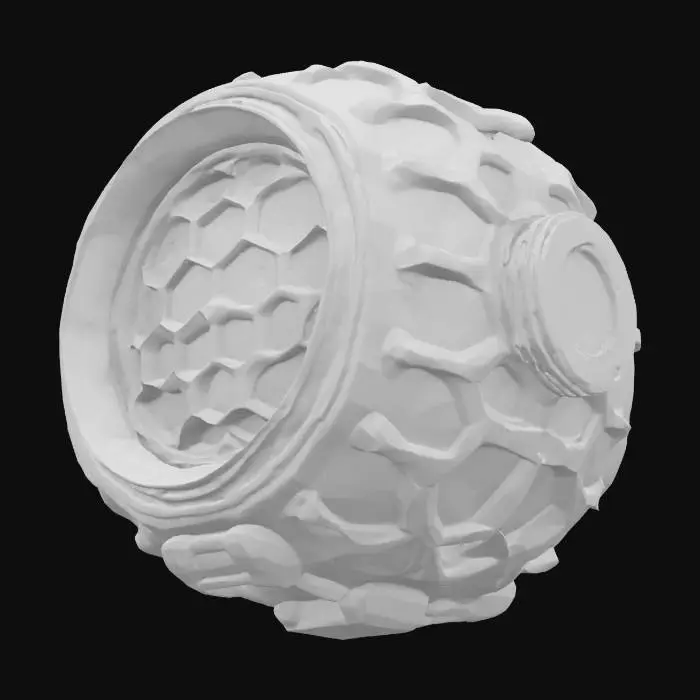 3D model for {
  "Object": "Trojan Sea Mine",
  "Material": "Aged, corroded steel orb overlaid with glowing data-node lattice and reinforced by glitch-forged alloy ribs",
  "Shape/Form": "Classic spherical mine silhouette, but with hexagonal mesh nodes replacing spikes and integrated data ports",
  "Color Scheme": "Matte gunmetal grey base, with pulsating neon orange core pulses and electric cyan network seams",
  "Texture Details": "PBR corroded steel pitting, raised binary-engraved ridges, emissive data-port apertures with scanline glitch overlays",
  "Style": "Realistic PBR fused with industrial-cyberpunk menace",
  "Reference Models": [
    "WWII naval mine silhouettes",
    "Hex-grid network schematics",
    "Cyberpunk industrial hardware"
  ]
}, #ocean#, 
