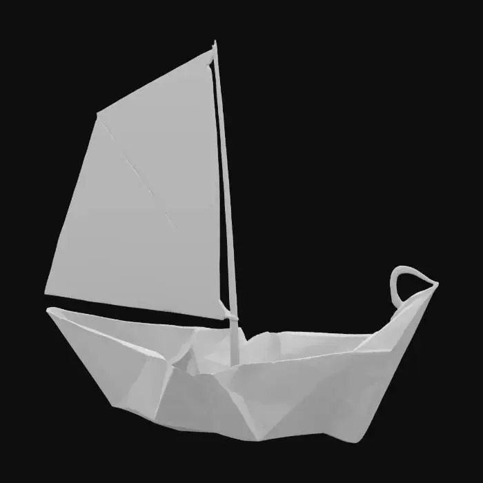 3D model for 
 "Object": "Origami Phishing Hook Sailboat",
 "Material": "Textured rag paper with visible fold creases and slight deckle edges",
 "Shape/Form": "Delicate sailboat silhouette folded from a single sheet, with the sail forming a stylized fishing hook",
 "Color Scheme": "Soft ivory base with crimson warning–stripe sails and charcoal crease highlights",
 "Texture Details": "Subtle paper-fiber grain, pronounced crease shadows, tiny worn spots along fold lines",
  "Style": "Paper-craft/origami minimalist aesthetic",
  "Reference Models": [
    "Traditional origami boat diagrams",
    "Washi paper texture samples",
    "Phishing hook iconography"
, #ocean#, 
