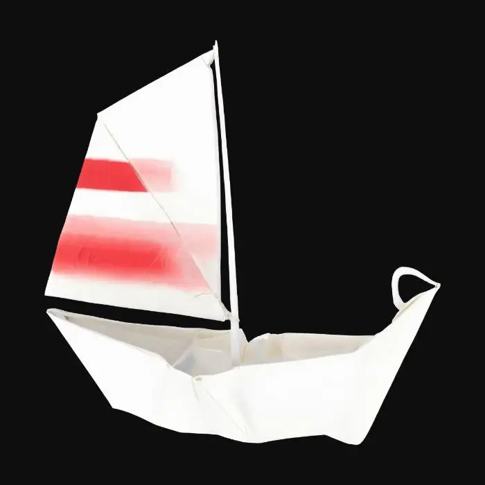 3D model for 
 "Object": "Origami Phishing Hook Sailboat",
 "Material": "Textured rag paper with visible fold creases and slight deckle edges",
 "Shape/Form": "Delicate sailboat silhouette folded from a single sheet, with the sail forming a stylized fishing hook",
 "Color Scheme": "Soft ivory base with crimson warning–stripe sails and charcoal crease highlights",
 "Texture Details": "Subtle paper-fiber grain, pronounced crease shadows, tiny worn spots along fold lines",
  "Style": "Paper-craft/origami minimalist aesthetic",
  "Reference Models": [
    "Traditional origami boat diagrams",
    "Washi paper texture samples",
    "Phishing hook iconography"
, #ocean#, 
