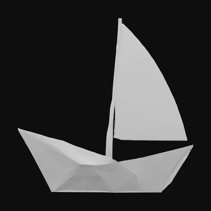 3D model for 
 "Object": "Origami Phishing Hook Sailboat",
 "Material": "Textured rag paper with visible fold creases and slight deckle edges",
 "Shape/Form": "Delicate sailboat silhouette folded from a single sheet, with the sail forming a stylized fishing hook",
 "Color Scheme": "Soft ivory base with crimson warning–stripe sails and charcoal crease highlights",
 "Texture Details": "Subtle paper-fiber grain, pronounced crease shadows, tiny worn spots along fold lines",
  "Style": "Paper-craft/origami minimalist aesthetic",
  "Reference Models": [
    "Traditional origami boat diagrams",
    "Washi paper texture samples",
    "Phishing hook iconography"
, #ocean#, 
