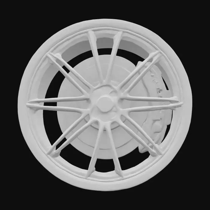 3D model for {
  "object": "car wheel",
  "details": [
    {"rim": ["interlaced spokes", "20 spokes", "aerodynamic"]},
    {"hub": "racing brake calipers visible"},
    {"textures": ["polished chrome rim", "matte black tire"]},
    {"features": ["optimized airflow", "machined precision", "symmetrical spokes", "ventilated brakes"]}
  ]
}
