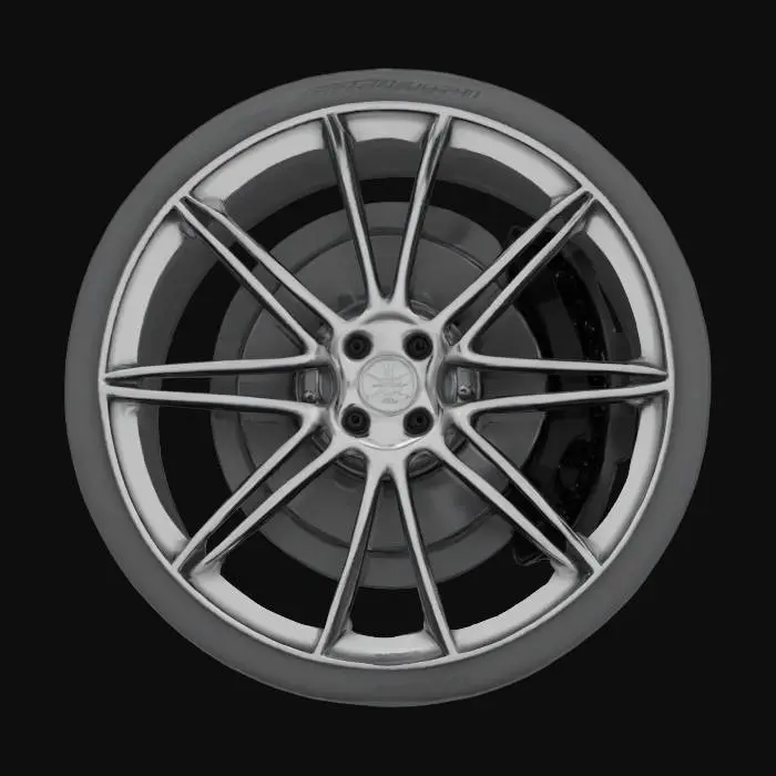 3D model for {
  "object": "car wheel",
  "details": [
    {"rim": ["interlaced spokes", "20 spokes", "aerodynamic"]},
    {"hub": "racing brake calipers visible"},
    {"textures": ["polished chrome rim", "matte black tire"]},
    {"features": ["optimized airflow", "machined precision", "symmetrical spokes", "ventilated brakes"]}
  ]
}

