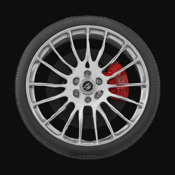 3D model for {
  "object": "car wheel",
  "rim_pattern": "interlaced spokes",
  "rim_spoke_count": 20,
  "rim_style": "aerodynamic",
  "hub_detail": "visible racing brake calipers",
  "rim_texture": "polished chrome",
  "tire_texture": "matte black performance",
  "features": ["optimized airflow", "precision-machined", "symmetrical spokes", "ventilated brakes"]
}

