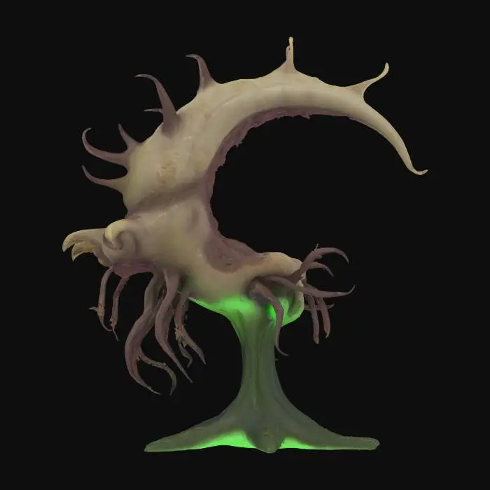 3D model for Realistic PBR Flood Infection Form
{
  "Object": "Flood Infection Form",
  "Material": "Organic, necrotic flesh with pulsating spore sacs and slimy membranes",
  "Shape/Form": "Crescent-shaped biomass chamber with dorsal sensory appendages and fungal-tipped invasion tentacles",
  "Color Scheme": "Pale sickly green base, dark vein-like blotches, bioluminescent amber spore nodes",
  "Texture Details": "Glossy wet surfaces contrasted with rough fungal growth patches, semi-translucent spore pods",
  "Style": "Realistic",
  "Environment/Use Context": "Close-up scientific diorama of Flood infection mechanics",
  "Reference Models": [
    "Halo Infection Form concept art",
    "Bioluminescent fungal textures"
  ]
}
