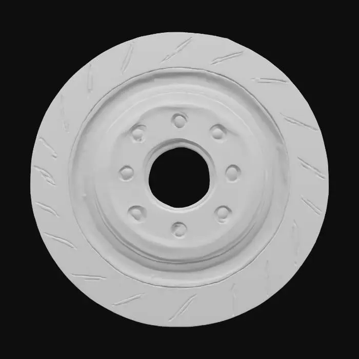 3D model for {
  "Object": "GT3-class brake disc",
  "Material": "Grey cast iron (SAE J431 G3000 / EN-GJL-200)",
  "Shape/Form": "Ventilated disc, 380–390 mm Ø × 34–36 mm thick, 60–84 radial vanes with curved (J-hook) profile, floating-bobbins mounting interface for center-lock hub",
  "Color Scheme": "Bare metallic grey",
  "Texture Details": "Turned friction faces Ra 2–4 µm with fine machining grooves; milled/ground vanes; raw sand-cast microtexture inside vents; precision-bored hat interface",
  "Style": "Realistic PBR",
  "Environment/Use Context": "High-fidelity engineering prototype for FEA/CFD validation and manufacturing setup",
  "Reference Models": [
    "<URL or local path to STEP/IGES from 3D scan or CMM data>"
  ],
  "Polycount": "<e.g. 100 k triangles>",
}