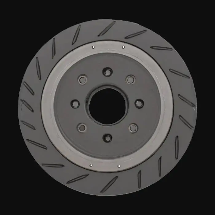 3D model for {
  "Object": "GT3-class brake disc",
  "Material": "Grey cast iron (SAE J431 G3000 / EN-GJL-200)",
  "Shape/Form": "Ventilated disc, 380–390 mm Ø × 34–36 mm thick, 60–84 radial vanes with curved (J-hook) profile, floating-bobbins mounting interface for center-lock hub",
  "Color Scheme": "Bare metallic grey",
  "Texture Details": "Turned friction faces Ra 2–4 µm with fine machining grooves; milled/ground vanes; raw sand-cast microtexture inside vents; precision-bored hat interface",
  "Style": "Realistic PBR",
  "Environment/Use Context": "High-fidelity engineering prototype for FEA/CFD validation and manufacturing setup",
  "Reference Models": [
    "<URL or local path to STEP/IGES from 3D scan or CMM data>"
  ],
  "Polycount": "<e.g. 100 k triangles>",
}
