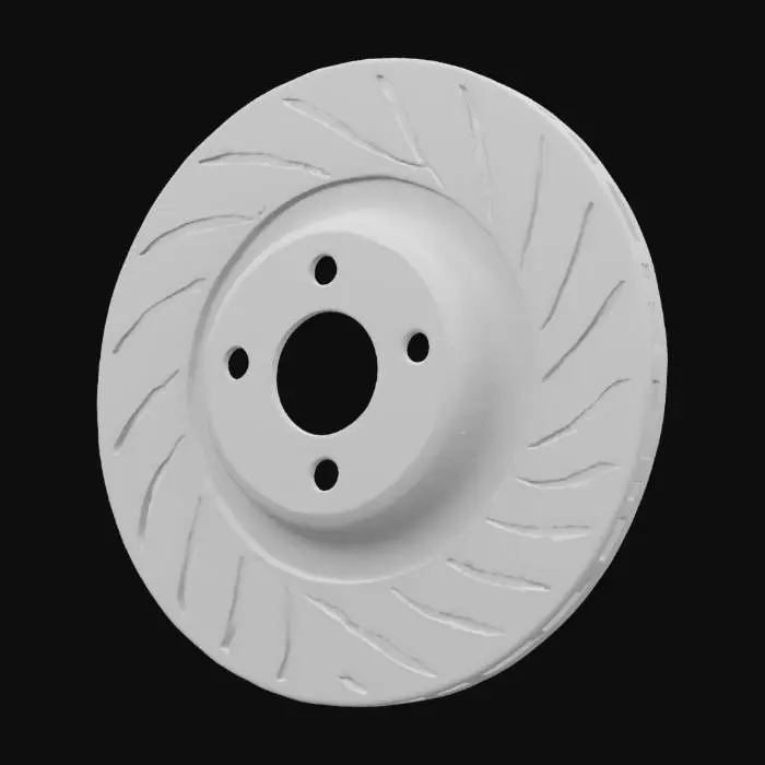 3D model for {
  "Object": "GT3-class brake disc",
  "Material": "Grey cast iron (SAE J431 G3000 / EN-GJL-200)",
  "Shape/Form": "Ventilated disc, 380–390 mm Ø × 34–36 mm thick, 60–84 radial vanes with curved (J-hook) profile, floating-bobbins mounting interface for center-lock hub",
  "Color Scheme": "Bare metallic grey",
  "Texture Details": "Turned friction faces Ra 2–4 µm with fine machining grooves; milled/ground vanes; raw sand-cast microtexture inside vents; precision-bored hat interface",
  "Style": "Realistic PBR",
  "Environment/Use Context": "High-fidelity engineering prototype for FEA/CFD validation and manufacturing setup",
  "Reference Models": [
    "<URL or local path to STEP/IGES from 3D scan or CMM data>"
  ],
  "Polycount": "<e.g. 100 k triangles>",
}