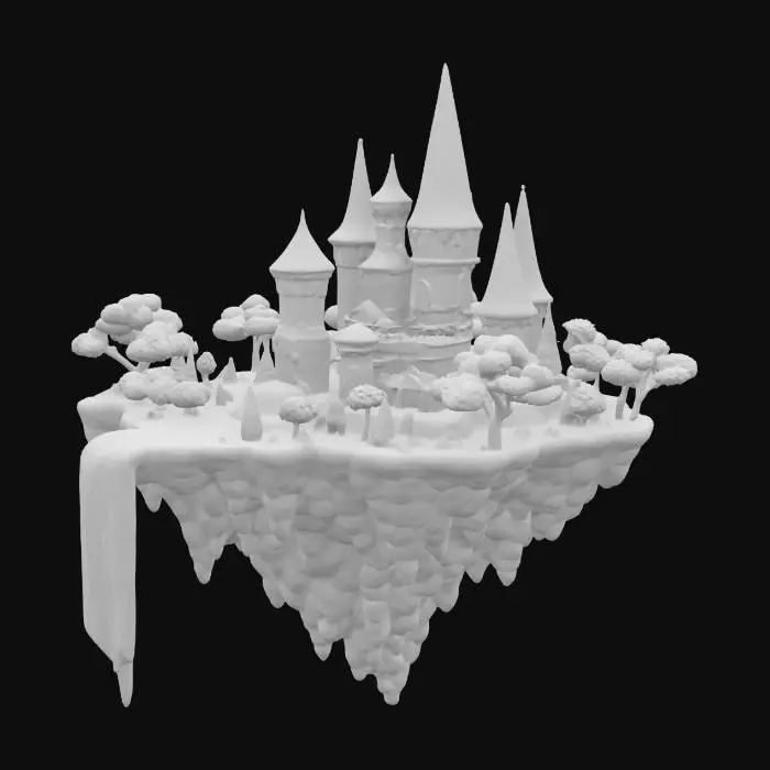 3D model for A fantasy castle floating on a cloud with waterfalls cascading from its edges, glowing trees, and a rainbow arching overhead.