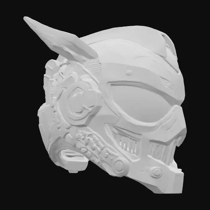 3D model for {"object":"Mask","material":"DLC-coated titanium plates; ceramic shell; smoked visor; fiberoptic edge channels; nitrile gaskets; magnetic latch pins; sealed nose bridge","shape_form":"Segmented crown; split crest; visor slit (10mm bevel); angular cheek bezels; reinforced mandible; 6 micro-vents/cheek; temple exhaust pods; HUD rails; chin grille","color_scheme":"Obsidian matte base; graphite panels; brushed brass chamfers; cyan emissive piping (RGB #00D4FF) idle pulse soft glow; vermilion glyphs (RGB #E2332E)","texture_details":"CNC toolmarks 0.2mm; 0.5mm chamfers; LPI180 hairline brush; torx T6; heat patina at exhausts; micro-hex stipple; etched serial+QR; grime in seams; AO-heavy screw seats; hinge oil; carbon scoring; dust","style":"PBR,realistic,game-ready","polycount_control":"medium"}