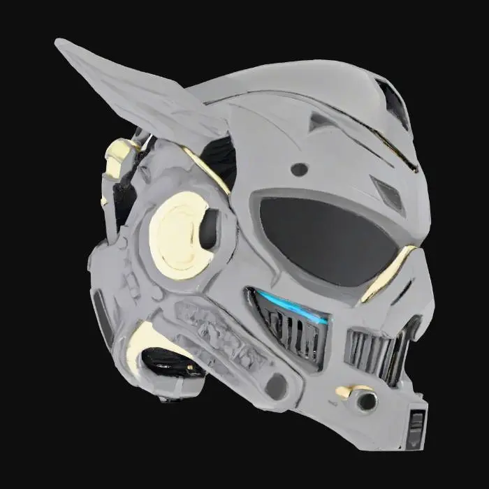 3D model for {"object":"Mask","material":"DLC-coated titanium plates; ceramic shell; smoked visor; fiberoptic edge channels; nitrile gaskets; magnetic latch pins; sealed nose bridge","shape_form":"Segmented crown; split crest; visor slit (10mm bevel); angular cheek bezels; reinforced mandible; 6 micro-vents/cheek; temple exhaust pods; HUD rails; chin grille","color_scheme":"Obsidian matte base; graphite panels; brushed brass chamfers; cyan emissive piping (RGB #00D4FF) idle pulse soft glow; vermilion glyphs (RGB #E2332E)","texture_details":"CNC toolmarks 0.2mm; 0.5mm chamfers; LPI180 hairline brush; torx T6; heat patina at exhausts; micro-hex stipple; etched serial+QR; grime in seams; AO-heavy screw seats; hinge oil; carbon scoring; dust","style":"PBR,realistic,game-ready","polycount_control":"medium"}