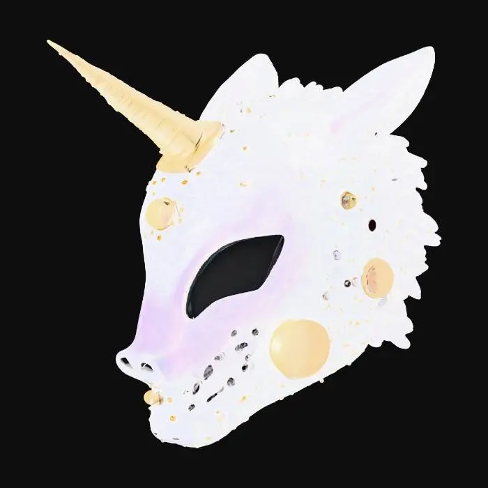 3D model for {"object":"Mask","material":"Pearlescent polycarbonate shell; aluminum subframe; AR-coated visor; silicone light pipes; nitrile gasket; M3 fasteners","shape_form":"Unicorn crest rail with 120mm horn diffuser; arched brow; cheek fairings; tapered cheeks; split mandible; hex micro-perf intake (1.2mm,40%); dual temple vents; chin grille; hidden latches","color_scheme":"Pearl white; rainbow emissive gradient #FF00FF>#8A2BE2>#00D4FF>#00FFC8>#37FF00>#FFE600>#FF7A00>#FF0033; gold hardware; visor VLT 40%","texture_details":"2K gloss clearcoat; orange peel 5-10um; hairline scratches in wear; holographic star decals 5mm; glitter 3% area; silicone pipes satin; AO-heavy screw seats; micro dust in seams; heat bloom at exhausts","style":"PBR, stylized-realistic, game-ready","polycount_control":"medium"}