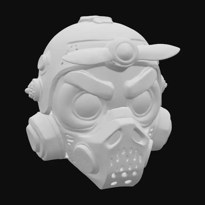 3D model for {"object":"Mask","material":"ABS shell, TPU bumper, AR acrylic visor, silicone light pipes, anodized brackets, nylon straps, M3 screws, laughbox, piezo buzz","shape_form":"Asymmetry: off-center brow, spring eye domes Ø24mm, duck-bill nose (mag-latch), kazoo grille, 80mm top propeller, zig-zag seam, cheek balloons, six micro-vents ea, rear tassel 12cm","color_scheme":"Pastel set #FF8AD6,#FFD166,#A0E7E5,#B4F8C8,#9F7AEA; checker decals #111213; emissive dots #00D4FF@0.5Hz","texture_details":"Semi-gloss 50GU; glitter 1%; sticker ghosts; TPU micro-ribs 0.6mm; seam flash 0.2mm; propeller scuffs; squeaker wear; dust in seats","style":"PBR,stylized,game-ready","polycount_control":"medium","environment_use_context":"Festival cosmetic; mid-distance readable; 1x2K tex; 1 mat ID; loop emissives"}
