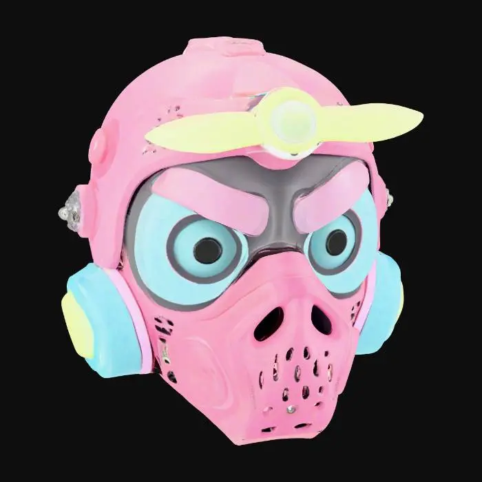 3D model for {"object":"Mask","material":"ABS shell, TPU bumper, AR acrylic visor, silicone light pipes, anodized brackets, nylon straps, M3 screws, laughbox, piezo buzz","shape_form":"Asymmetry: off-center brow, spring eye domes Ø24mm, duck-bill nose (mag-latch), kazoo grille, 80mm top propeller, zig-zag seam, cheek balloons, six micro-vents ea, rear tassel 12cm","color_scheme":"Pastel set #FF8AD6,#FFD166,#A0E7E5,#B4F8C8,#9F7AEA; checker decals #111213; emissive dots #00D4FF@0.5Hz","texture_details":"Semi-gloss 50GU; glitter 1%; sticker ghosts; TPU micro-ribs 0.6mm; seam flash 0.2mm; propeller scuffs; squeaker wear; dust in seats","style":"PBR,stylized,game-ready","polycount_control":"medium","environment_use_context":"Festival cosmetic; mid-distance readable; 1x2K tex; 1 mat ID; loop emissives"}
