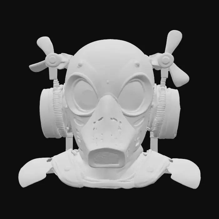3D model for {"object":"Mask","material":"ABS shell, TPU bumper, AR acrylic visor, silicone light pipes, anodized brackets, nylon straps, M3 screws, laughbox, piezo buzz","shape_form":"Asymmetry: off-center brow, spring eye domes Ø24mm, duck-bill nose (mag-latch), kazoo grille, 80mm top propeller, zig-zag seam, cheek balloons, six micro-vents ea, rear tassel 12cm","color_scheme":"Pastel set #FF8AD6,#FFD166,#A0E7E5,#B4F8C8,#9F7AEA; checker decals #111213; emissive dots #00D4FF@0.5Hz","texture_details":"Semi-gloss 50GU; glitter 1%; sticker ghosts; TPU micro-ribs 0.6mm; seam flash 0.2mm; propeller scuffs; squeaker wear; dust in seats","style":"PBR,stylized,game-ready","polycount_control":"medium","environment_use_context":"Festival cosmetic; mid-distance readable; 1x2K tex; 1 mat ID; loop emissives"}
