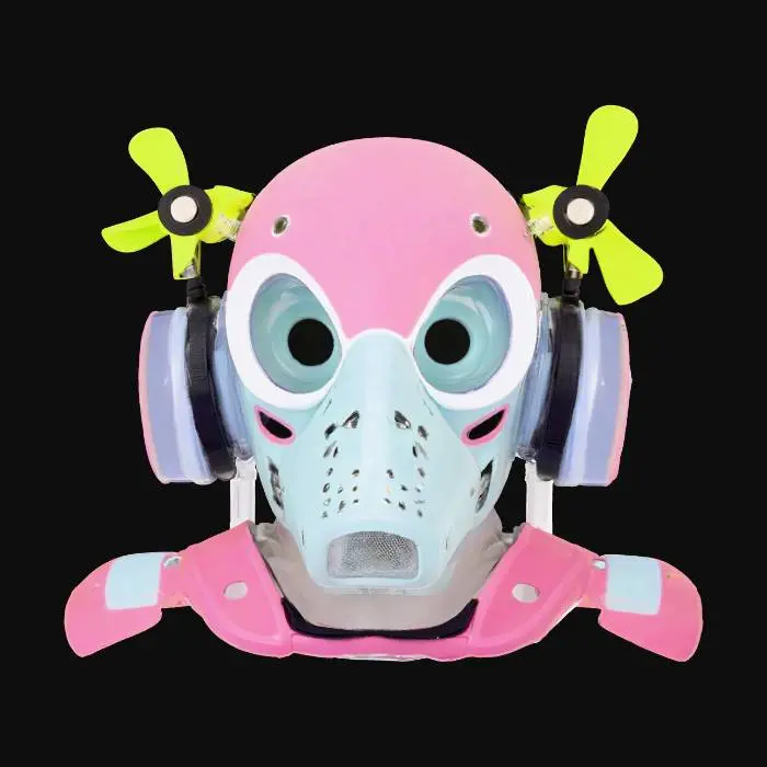 3D model for {"object":"Mask","material":"ABS shell, TPU bumper, AR acrylic visor, silicone light pipes, anodized brackets, nylon straps, M3 screws, laughbox, piezo buzz","shape_form":"Asymmetry: off-center brow, spring eye domes Ø24mm, duck-bill nose (mag-latch), kazoo grille, 80mm top propeller, zig-zag seam, cheek balloons, six micro-vents ea, rear tassel 12cm","color_scheme":"Pastel set #FF8AD6,#FFD166,#A0E7E5,#B4F8C8,#9F7AEA; checker decals #111213; emissive dots #00D4FF@0.5Hz","texture_details":"Semi-gloss 50GU; glitter 1%; sticker ghosts; TPU micro-ribs 0.6mm; seam flash 0.2mm; propeller scuffs; squeaker wear; dust in seats","style":"PBR,stylized,game-ready","polycount_control":"medium","environment_use_context":"Festival cosmetic; mid-distance readable; 1x2K tex; 1 mat ID; loop emissives"}
