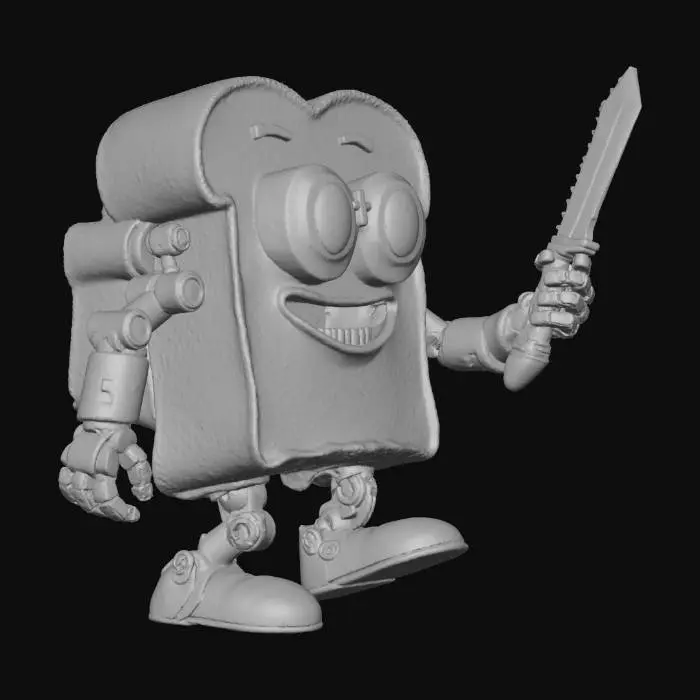 3D model for "A sentient, cartoonish slice of golden-brown toast with expressive eyes, robotic chrome arms and legs, and a butter-fueled jetpack. Wears a high-tech visor displaying glowing holographic data. One arm is a multi-tool butter knife, transforming into an energy sword. Legs have mechanical pistons but make squeaky noises. Walks robotically, leaving a trail of crumbs. Stylized textures with a glossy metal finish and exaggerated cartoon proportions, #villain#