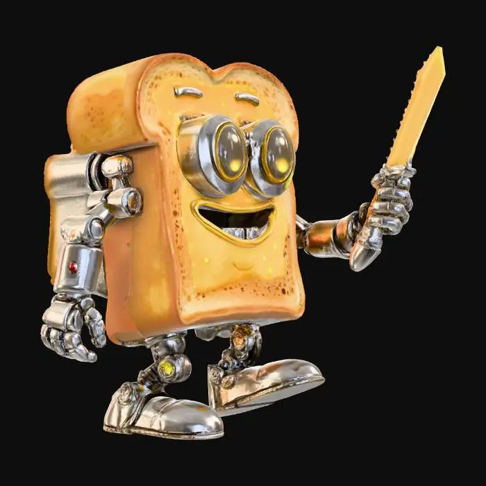 3D model for "A sentient, cartoonish slice of golden-brown toast with expressive eyes, robotic chrome arms and legs, and a butter-fueled jetpack. Wears a high-tech visor displaying glowing holographic data. One arm is a multi-tool butter knife, transforming into an energy sword. Legs have mechanical pistons but make squeaky noises. Walks robotically, leaving a trail of crumbs. Stylized textures with a glossy metal finish and exaggerated cartoon proportions, #villain#