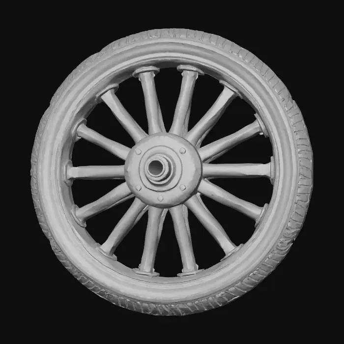 3D model for object: Bone-Spoke Wheel
material: Aged bone spokes, oxidized iron hub lantern, scuffed rubber tire
shape_form: Circular wheel with ribcage-like bone spokes radiating from a lantern-shaped central hub; wrapped in a rugged tire
color_scheme: Bone-white spokes with gray patina, iron-gray hub with amber accents, dark gray-black scuffed tire rubber
texture_details: Porous bone with wear cracks and yellowed stains; iron lantern hub with heat discoloration and oxidation; scuffed, dirty rubber with tread wear; AO baked shadowing between spokes and hub
style: PBR
environment_use_context: Horror vehicle or stylized dark-fantasy racing rig
reference_models:
  - Ribcage cross-sections (for spoke layout)
  - Carriage lanterns or gothic sconces (for hub design)
, #Halloween2025#,